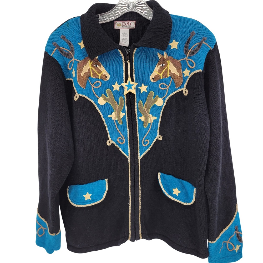 VTG Tiara International Western Horse Star Zip Cardigan Sweater Black Blue XL